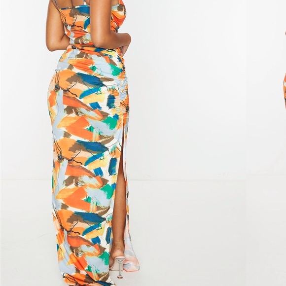 PrettyLittleThing Orange and White Ruched side Slit Maxi Dress NWT size 2 - Picture 2 of 8